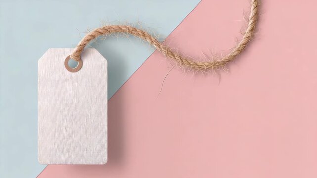White textured paper label with braided rope on diagonal pastel blue and pink surface, concept of sale, branding or messaging template