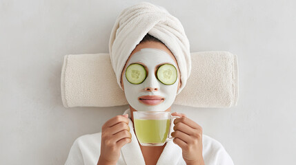 Relaxing in clean bathroom, person enjoys facial mask with cucumber slices on their eyes while holding cup of green tea. This moment embodies self care and rejuvenation