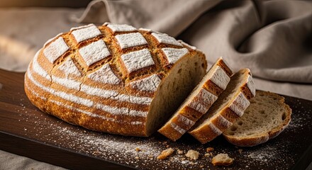 Artisan Sourdough Bread Loaf With Rustic Crust and Sliced Pieces
