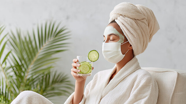 rich lady is  relaxing in clean spa room , wearing towel and face mask, enjoys refreshing drink with cucumber slices. promotes self care and wellness