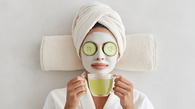 Relaxing in clean bathroom, person enjoys facial mask with cucumber slices on their eyes while holding cup of green tea. This moment embodies self care and rejuvenation