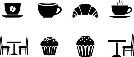 Cafe icons collection: coffee, snacks, and furniture in minimalist black silhouette style