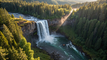 Fototapeta premium Powerful waterfall cascades through lush green forest creating mist with sunbeams piercing through dense pine trees.