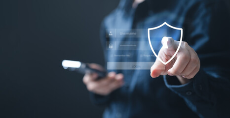mfa, 2fa, security, login, verify, code, authenticator, Person using smartphone with digital login interface and security shield icon, symbolizing MFA, 2FA verification, and strong account protection.