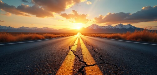 Road stretches toward sunrise between mountains. Bright sunlight illuminates highway symbolizing journey. Scenic view on the road towards success. Conceptual photo with light on asphalt.