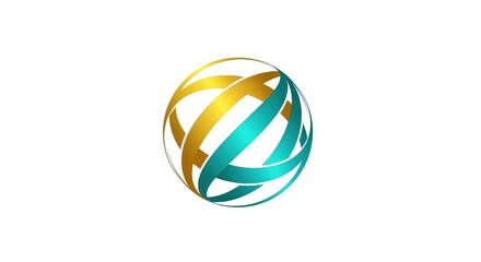 A 3D abstract sphere with interwoven gold and teal metallic bands on a white background.