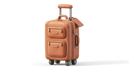 A stylized brown rolling travel suitcase with an extendable handle wheels and a luggage tag.