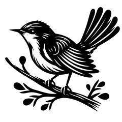 A stylized black and white illustration of a bird perched on a branch with small leaves and berries