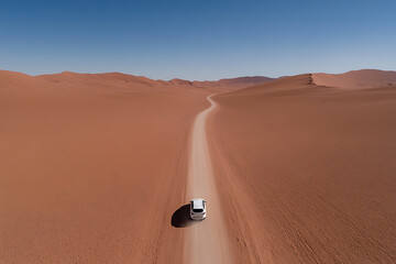 Lone vehicle winds through desert landscape, endless sandy dunes under a clear blue sky. An epic journey through the stunning wilderness.