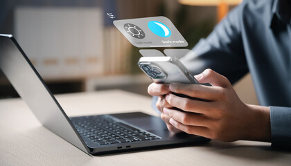 A person adjusting dark and light mode settings on a smartphone, representing UI design, screen display customization, accessibility, and battery-saving features in modern technology.