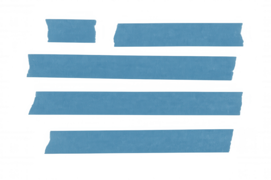 Separated blue adhesive tape strips with torn edges, providing space for notes or marking, on transparent background
