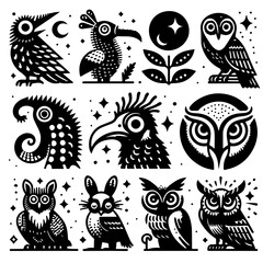 Stylized monochrome illustration featuring various birds owls and a rabbit in a pattern design