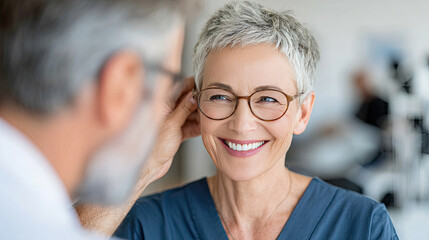 smiling woman with short hair is having her eyes checked by optometrist. scene conveys sense of care and professionalism in modern clinic setting
