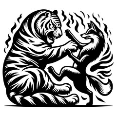 A fierce tiger and a cunning fox engaged in a dynamic confrontation with stylized flames around them