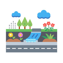 Colorful illustration of a landscape featuring a flowing stream, trees, flowers, and clouds
