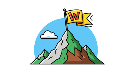 Mountain Peak Summit with W Flag and Cloud Illustration.