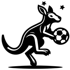 Kangaroo holding a soccer ball with two stars above in a black and white vector illustration art