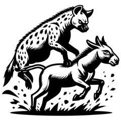Hyena riding a donkey in black and white with angry expression and splashing water illustration