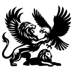 Illustration of a lion fighting an eagle with another lion lying down in black and white design art