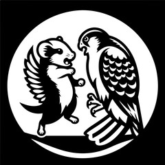 A stylized depiction of a ferret facing off against a hawk within a circular emblem design
