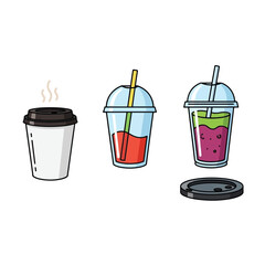 Three different types of beverages in disposable cups, including a hot coffee and two cold drinks with straws.