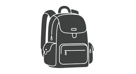 A simple dark grey illustration of a classic backpack with white outlines straps and multiple pockets.