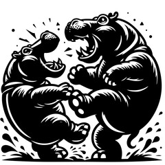 Two hippos facing each other with open mouths in a black and white illustration style design image