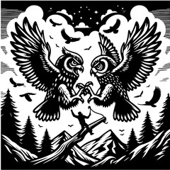 Two owls facing each other with wings spread above a figure with a bow and arrow in a forest scene