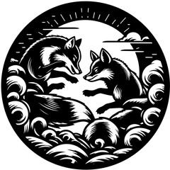 Two foxes facing each other surrounded by swirling patterns under a sun and clouds design element