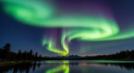 A mesmerizing display of vibrant green and purple auroras over a serene lake with a mountain range in the background.