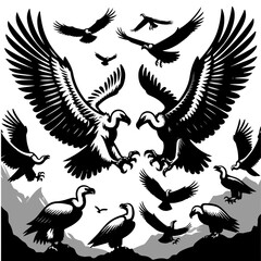 A gathering of vultures in silhouette against a mountain landscape in black and white style art