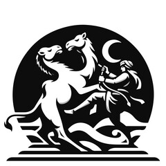 Illustration of a man riding a two headed camel under a crescent moon in black and white style art