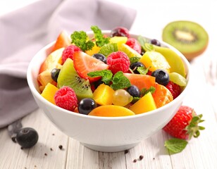 Vibrant Fruit Salad in White Bowl with Kiwi Slice and Gray Cloth in Bright Natural Lighting
