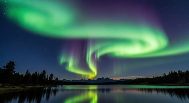 A mesmerizing display of vibrant green and purple auroras over a serene lake with a mountain range in the background.