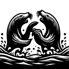 Two otters facing each other in water with splashes in a black and white vector illustration style
