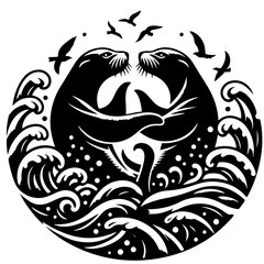 Fototapeta premium Two seals embracing surrounded by waves and flying birds in a circular black and white design art work