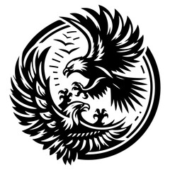 Two eagles in a circular design with wings outstretched and birds flying in the background in black and white