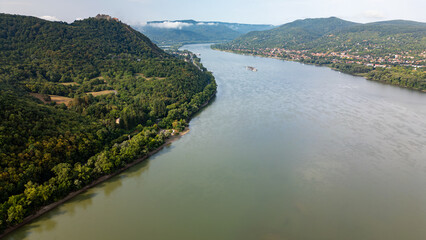 Aerial view of Danube river landscape in Hungary with the tip of Szentende Island at Kisoroszi