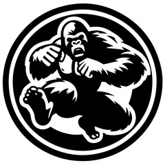 Illustration of a gorilla in a black circle with an aggressive stance and visible foot and clenched fists
