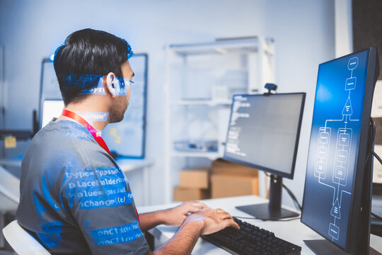 Young indian programmer coding in modern office Productivity focus on data coder software development Developer programming IT technology career concept