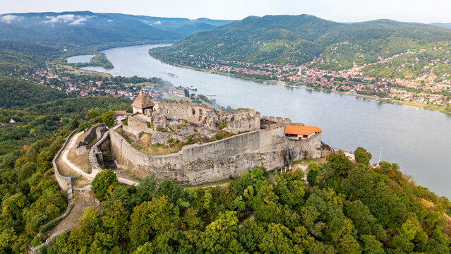 Aerial view of Visegrad castle in Hungary, next to Danube river in Danube bend