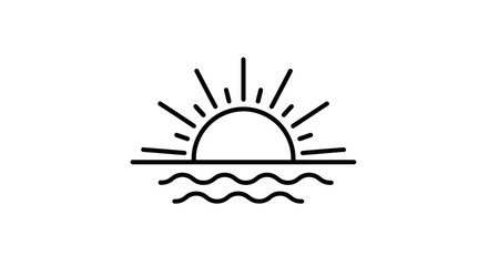 Minimalist Sun Rising or Setting Over Ocean Waves Line Art Icon.
