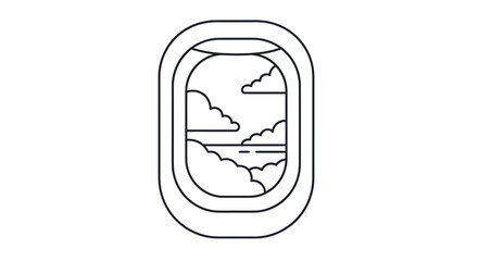 A simple line art illustration of an airplane window with a view of clouds and the ocean.