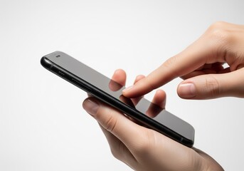 Hands Holding Smartphone on White &mdash; Touchscreen Interaction Close-Up