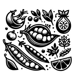 Illustration of various vegetables including peas, leaves, and a citrus slice in black and white style