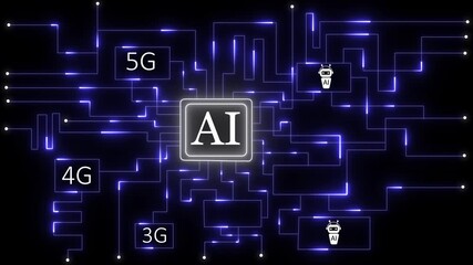 Artificial intelligence ai chip glowing circuit board with 5g network connectivity , Digital electronic network displays AI and machine learning, Neon glowing lines enhance futuristic . - Powered by Adobe