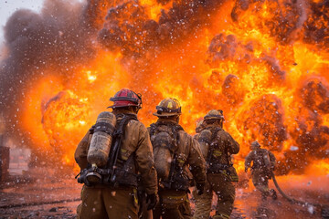 Fototapeta premium Firefighters confronting a massive blaze