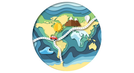 Paper cut style world map globe with travel route and car.