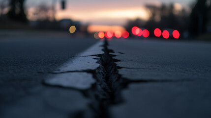 Cracked road line at dusk, symbolic of journeys and challenges. Blurred lights suggest bustling life amidst imperfection and the passage of time.