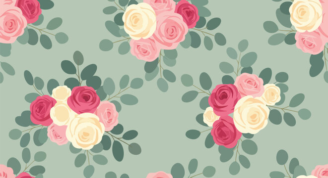 A seamless vector pattern with romantic rose bouquets and eucalyptus leaves on a green background. This elegant floral design is perfect for fabric